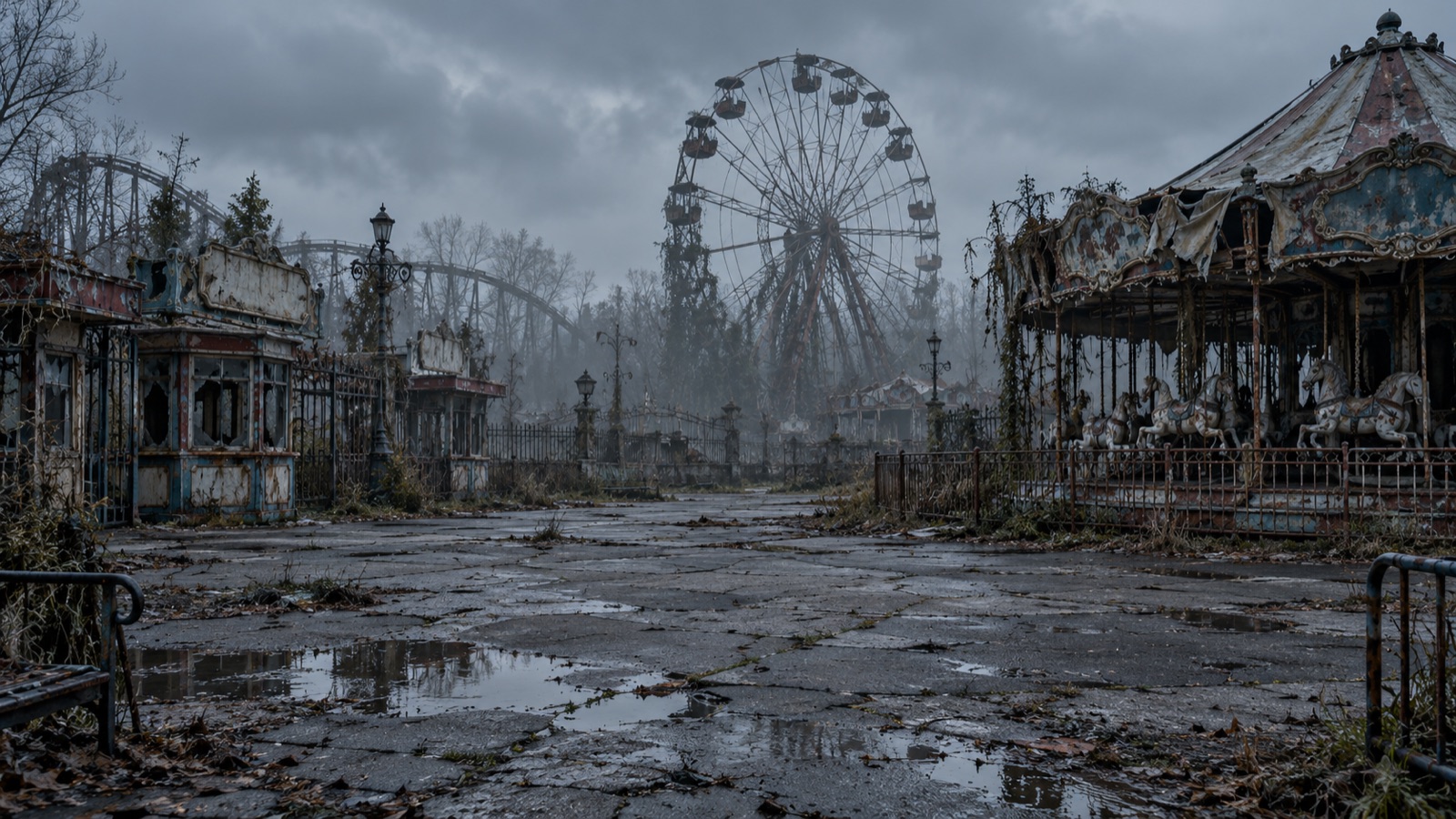 An abandoned amusement park with still rides under a gray sky