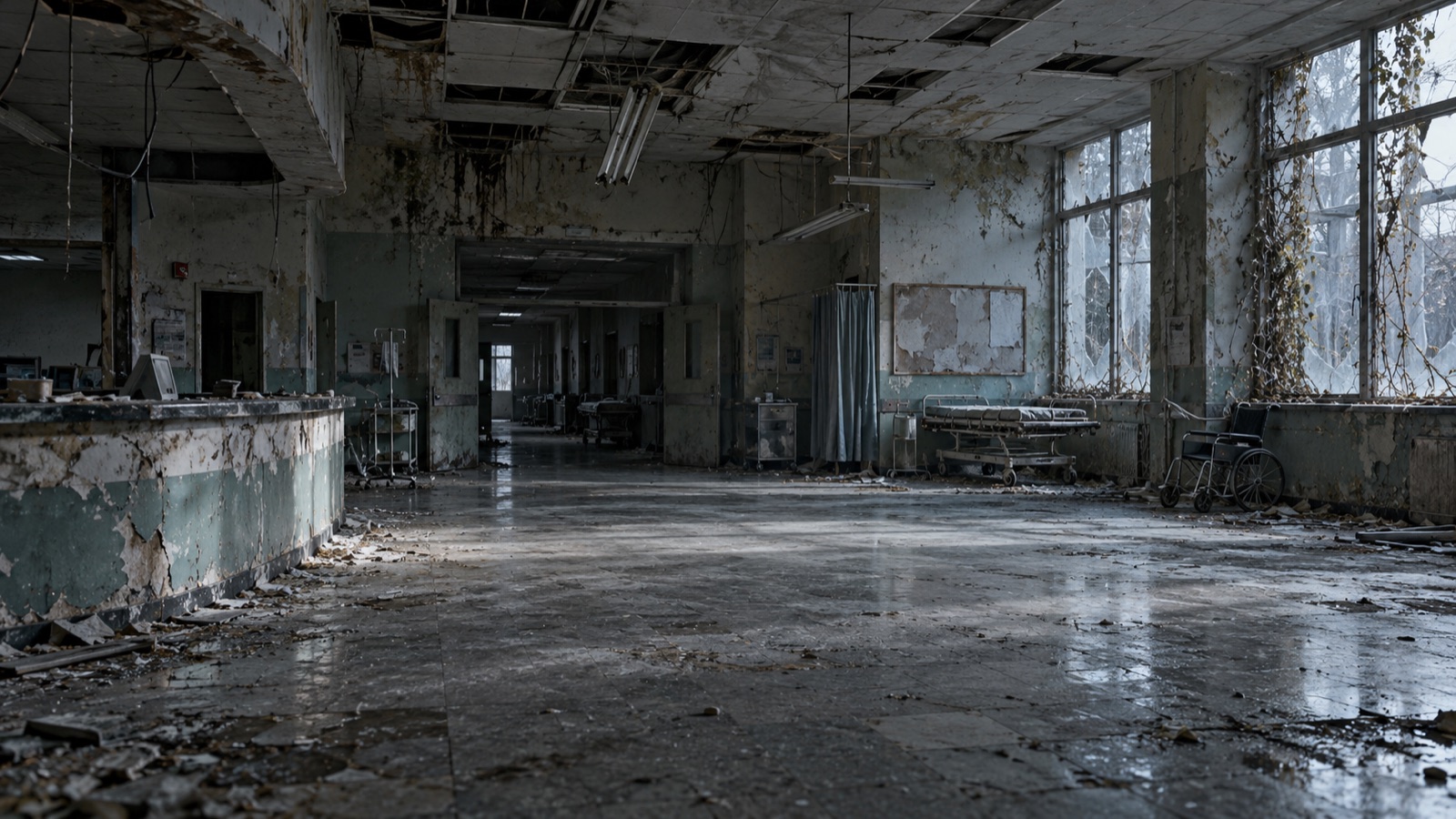 An abandoned hospital entrance with a dark doorway and overgrown approach