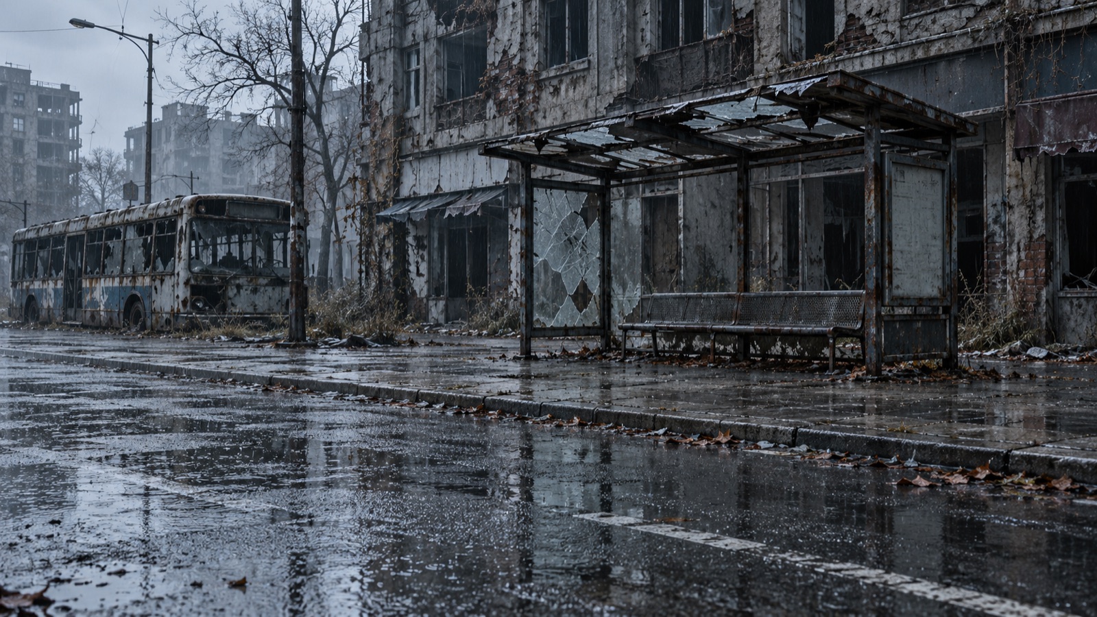 A ruined bus stop on a rainy street, wet pavement and an empty shelter