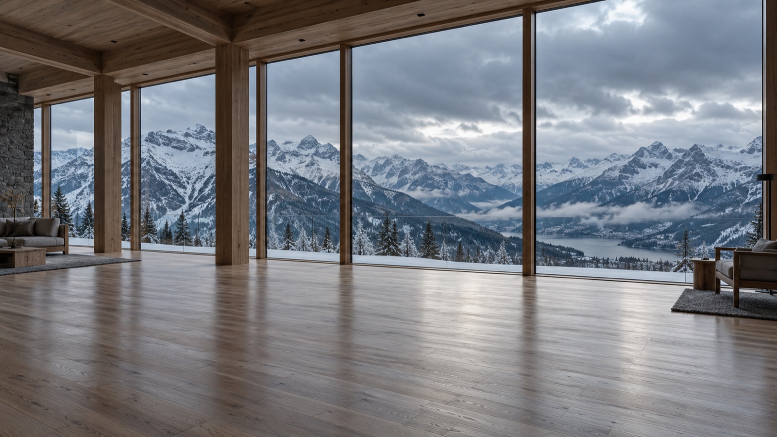 A timber lodge with a wide wood floor and snow mountains beyond floor-to-ceiling windows